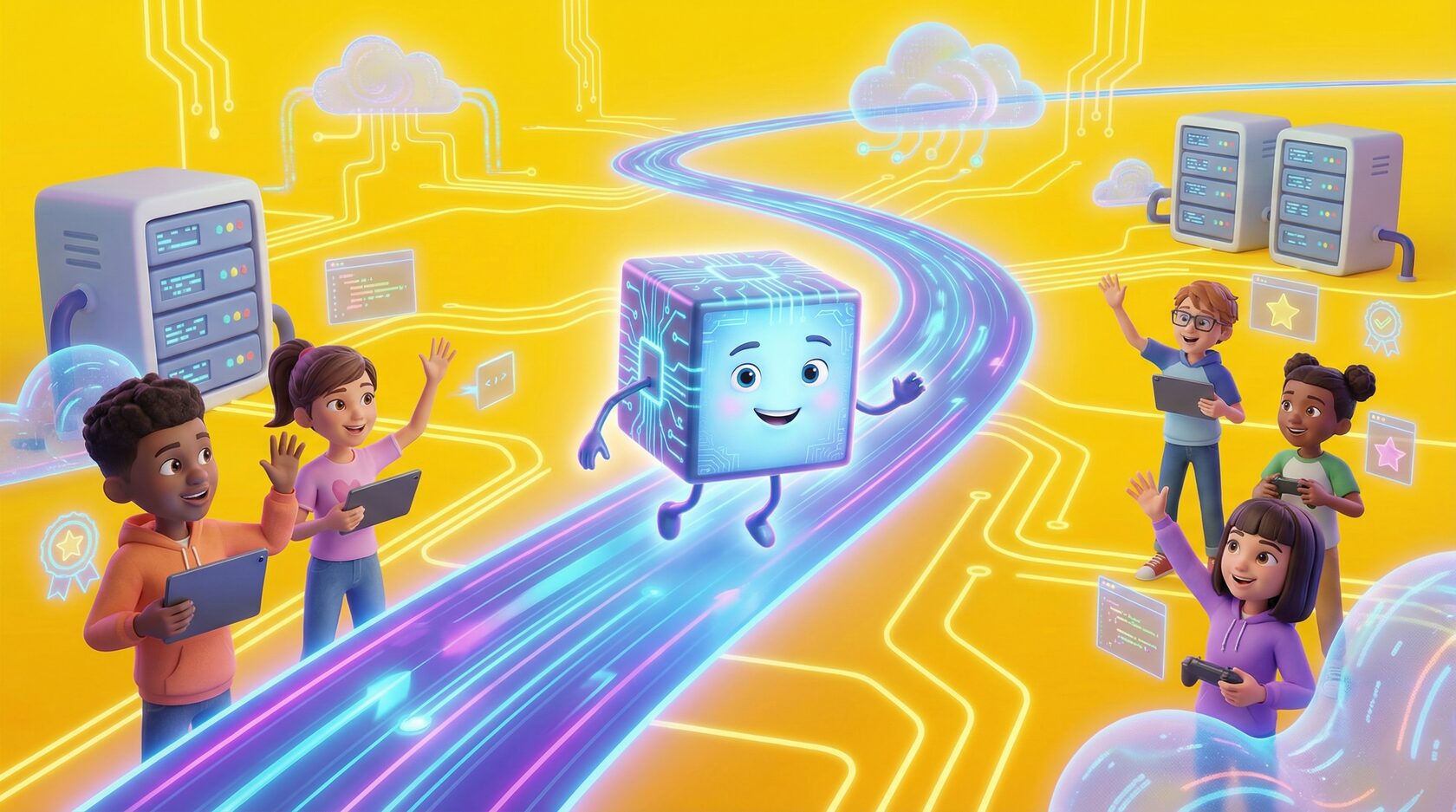 Светящийся пакет данных летит через цифровой портал в окружении детей и неоновых микросхем