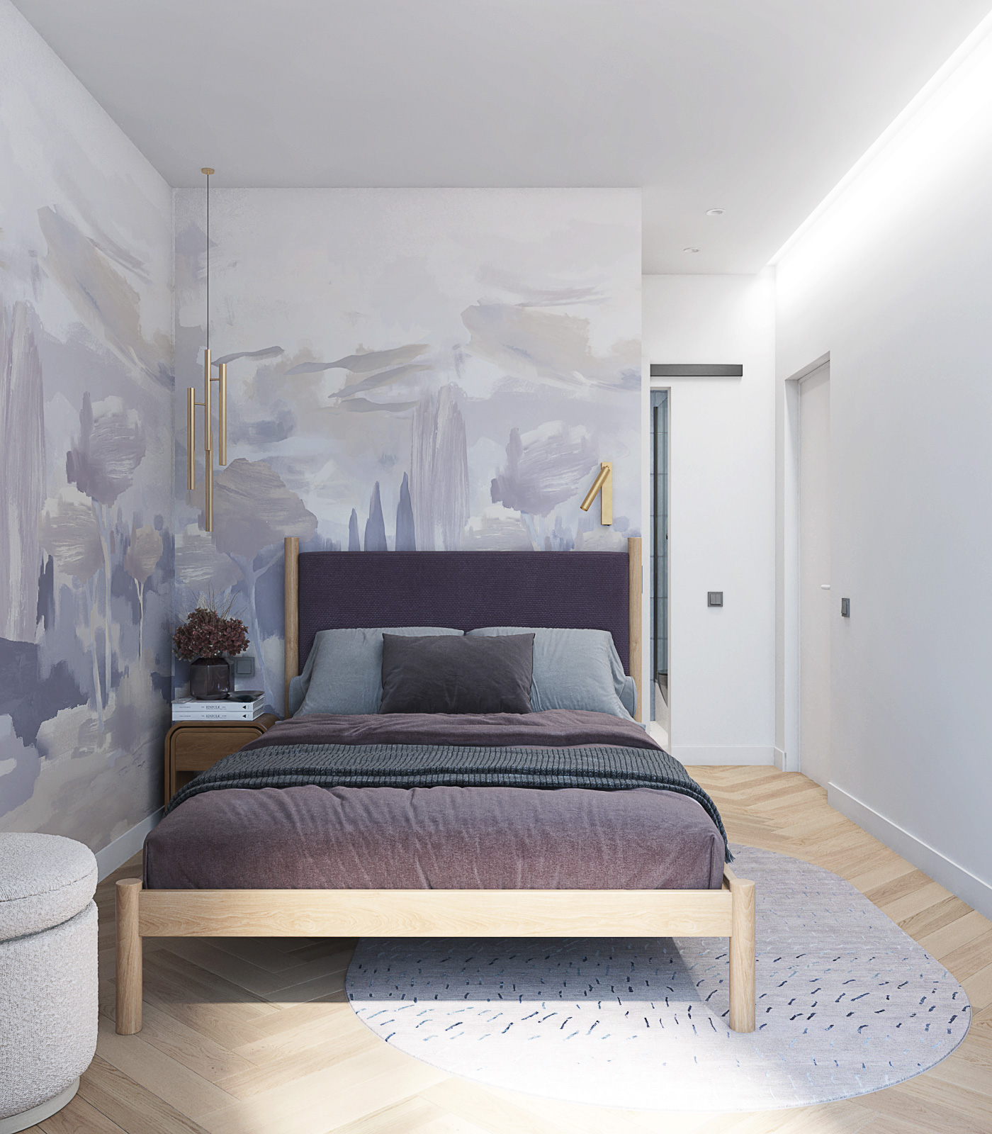 Деревянная кровать в спальне, сиреневые фото обои с деревьями. Светильники под золото. Овальный ковер. 