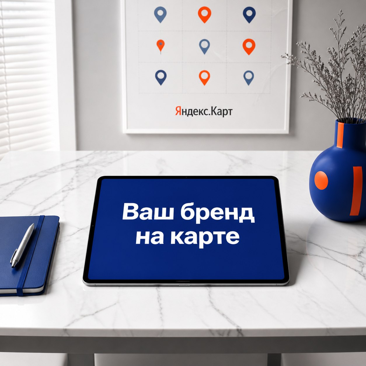 Вид сверху на белый стол с планшетом, отображающим Ваш бренд на карт