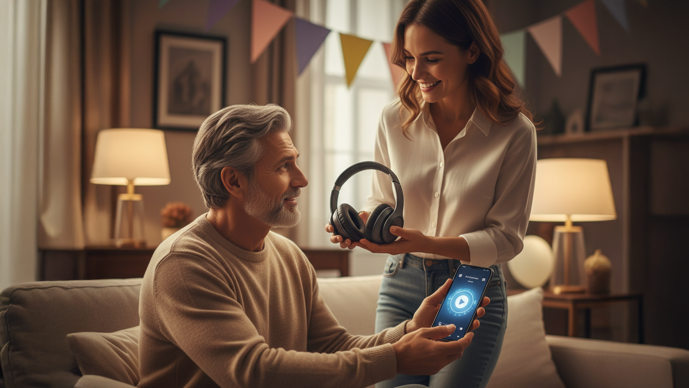 Дочь с теплой улыбкой обнимает растроганного отца на семейном празднике, на фоне играет музыка.