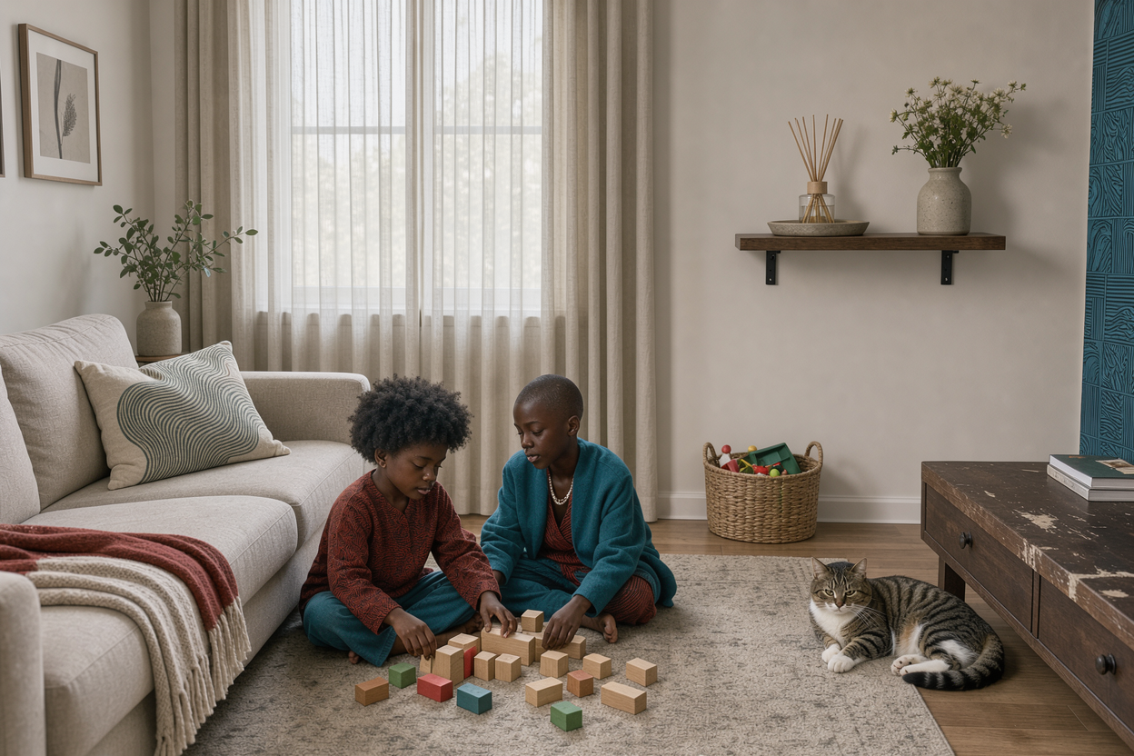 living room scene showing a reed diffuser placed safely out of reach of a cat and child, on a high shelf near a vase of flowers, daylight filtering in