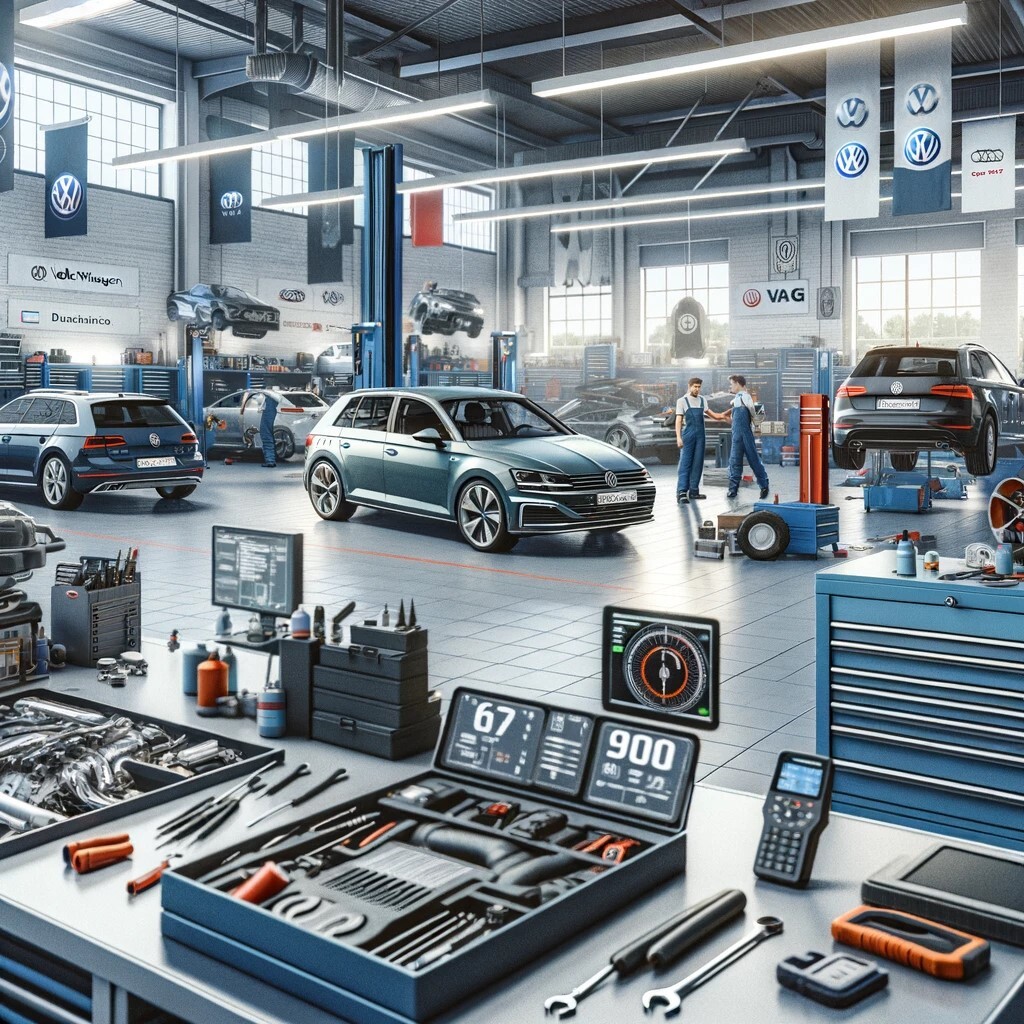 Ремонтная мастерская с автомобилями Volkswagen, Audi и Skoda, где механики проводят диагностику и обслуживание.