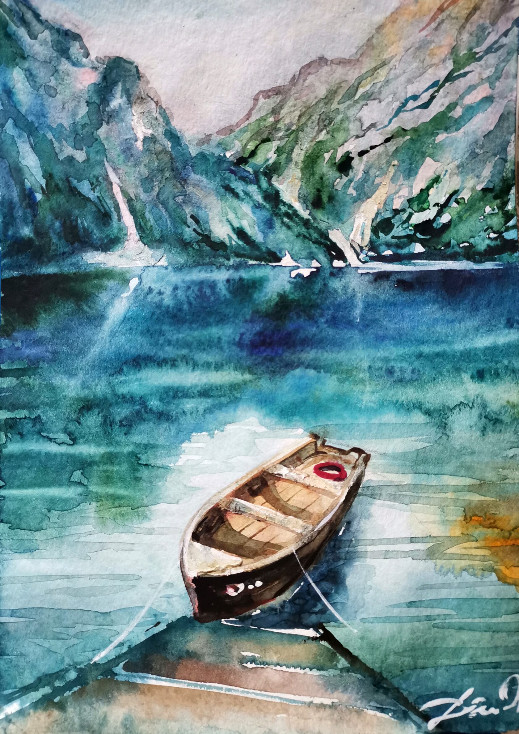 Видеоурок - рисуем пейзаж: горы, озеро, лодка, природа