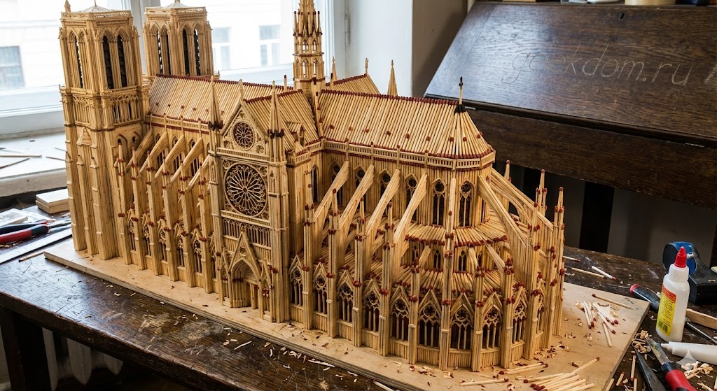 Модель готического собора из спичек на столе.