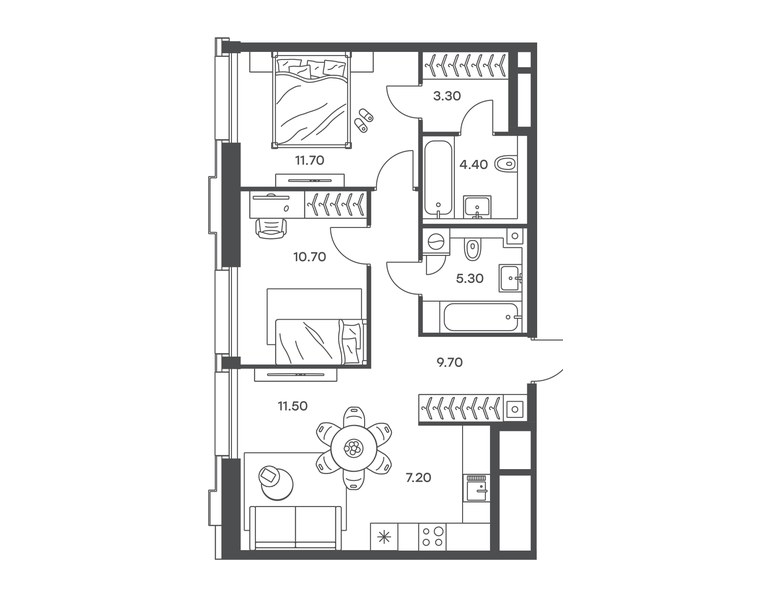 Планировка 3-комнатной квартиры 63,8 м² в ЖК «Инджой»: секция 7, 2-й этаж