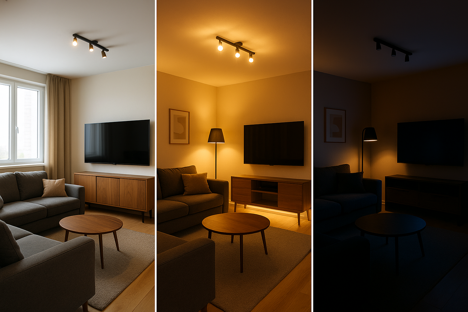 Гостиная с разными сценариями света: дневной, вечерний и режим кино.