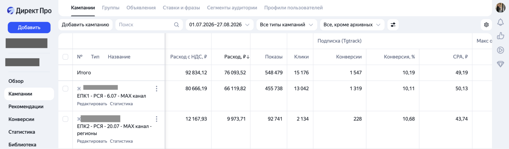 Скриншот рекламного кабинета — кейс нутрициолога