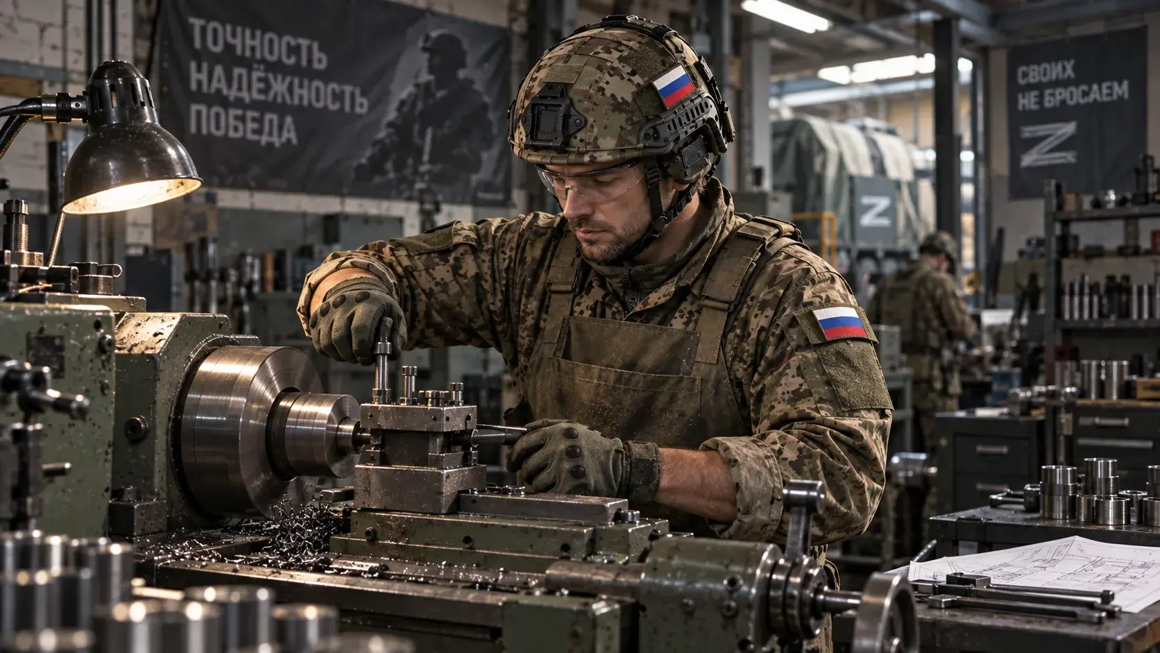 Токарь за работой на токарном станке в военной мастерской
