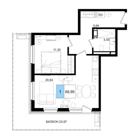 Планировка 1-комнатная 68,95 м²