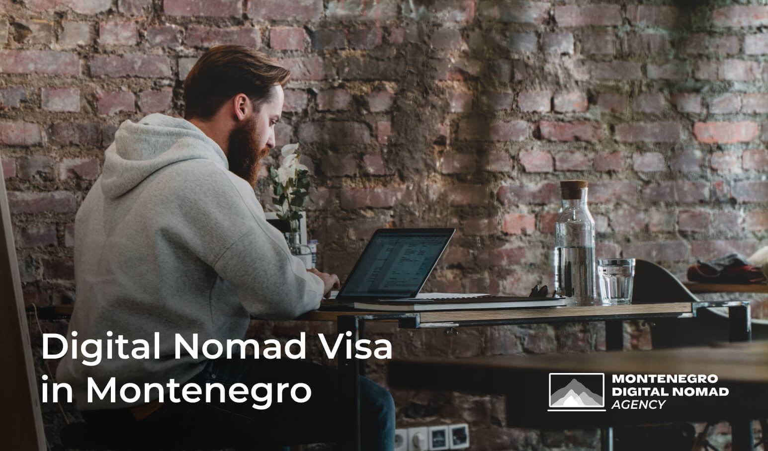 Image of digital nomad in a cafe. Text overlay reads - Digital Nomad Visa in Montenegro