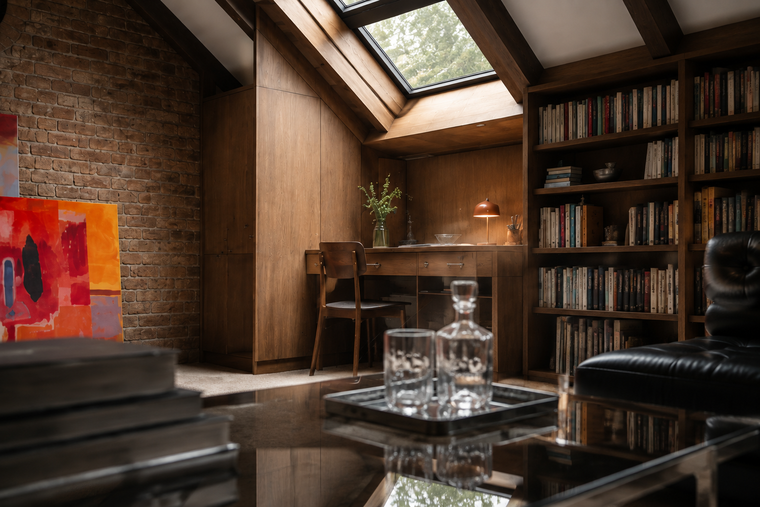 Mezzanine library and study under a roof light