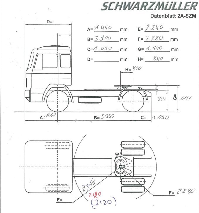 Рис. 11: Основные геометрические параметры предложенного седельного тягача с колесной базой 3900 мм (Schwarzmüller)