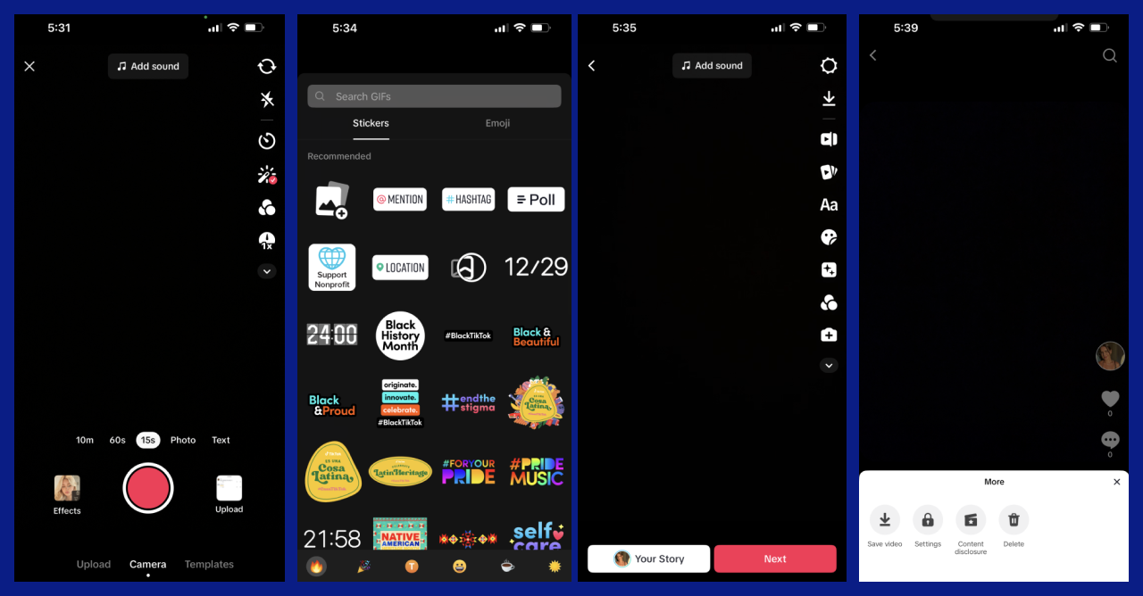 Screenshots demonstrate how bloggers can publish Stories on TikTok. The screenshots also show that it’s possible to add music, filters and stickers to Stories and that creators also can delete their own Stories.