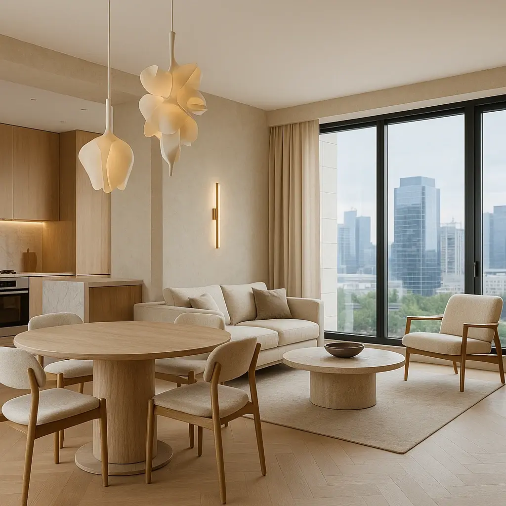 Открытая кухня‑гостиная с панорамными окнами и видом на деловой квартал, светлый день