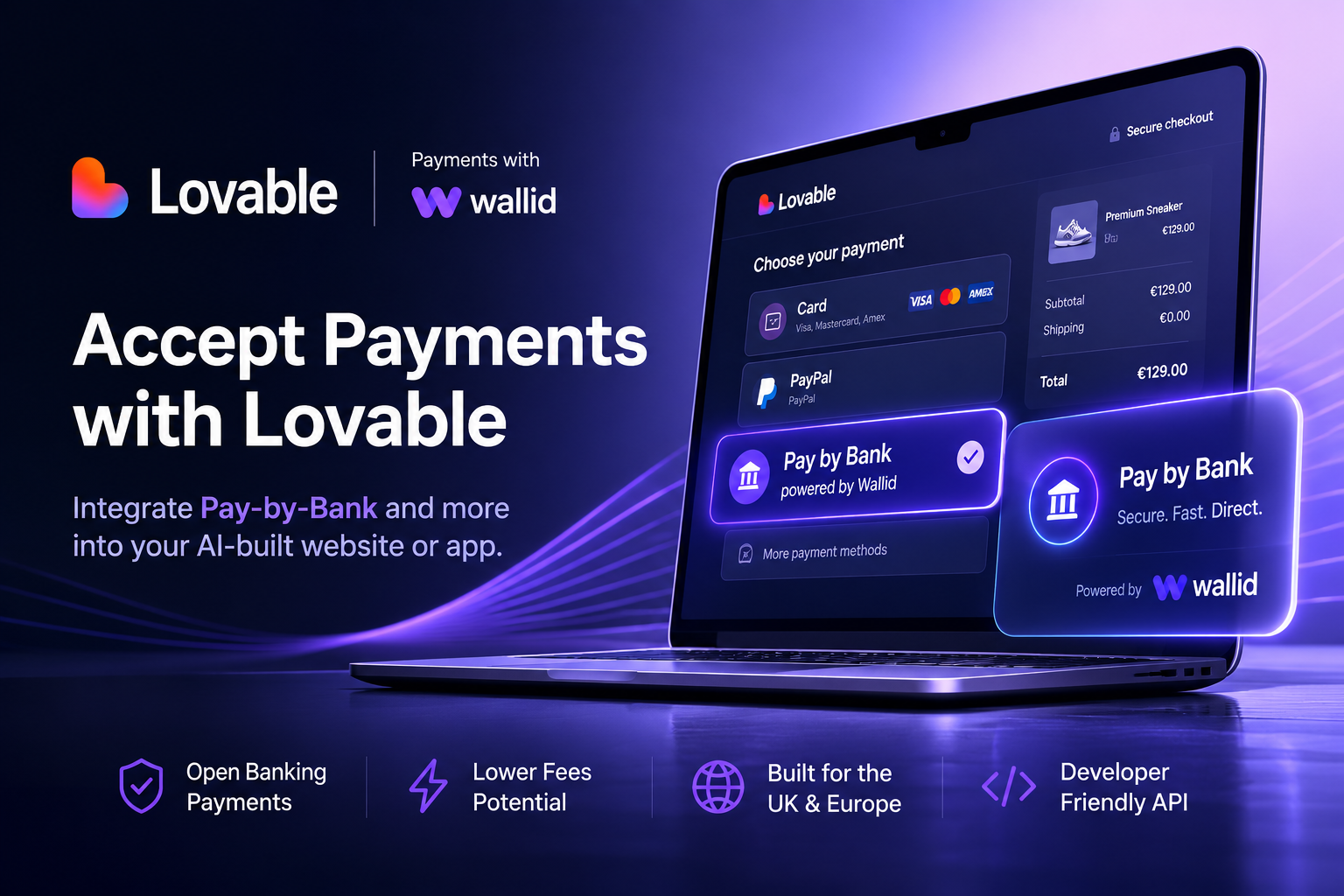 Futuristic illustration of a Lovable-built web application showing a checkout with Pay by Bank powered by Wallid alongside traditional payment methods.