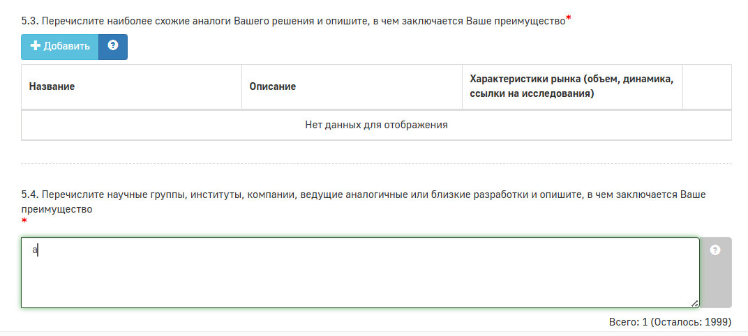Таблица аналогов проекта в заявке Сколково
