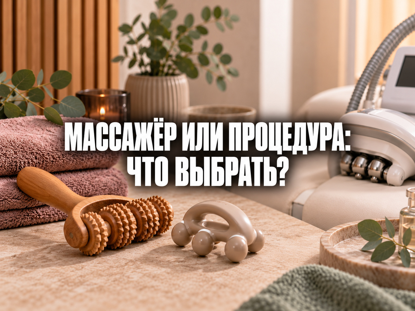 Натюрморт с деревянным массажным роликом, ручным массажным аксессуаром, полотенцем и аппаратом; по центру фраза «МАССАЖЁР ИЛИ ПРОЦЕДУРА: ЧТО ВЫБРАТЬ?»
