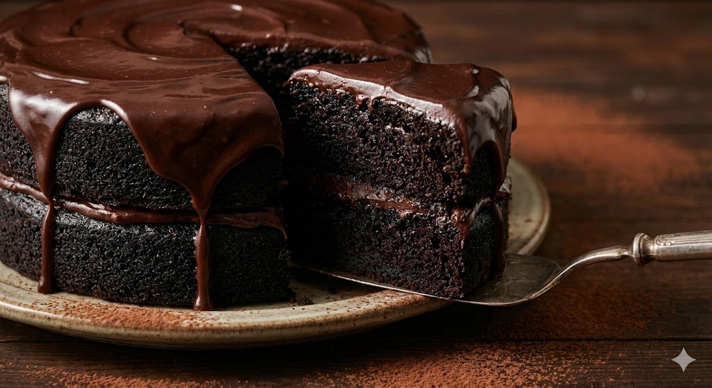 Фотография классического двухслойного торта «Дьявольская еда» с темным влажным бисквитом и глянцевым шоколадным ганашем, приготовленного по рецепту.