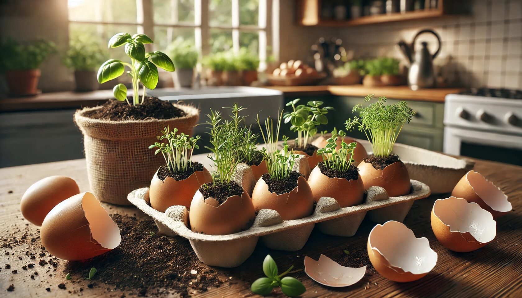 Herb seedlings growing in eggshell planters on a kitchen table with basil plant in the background