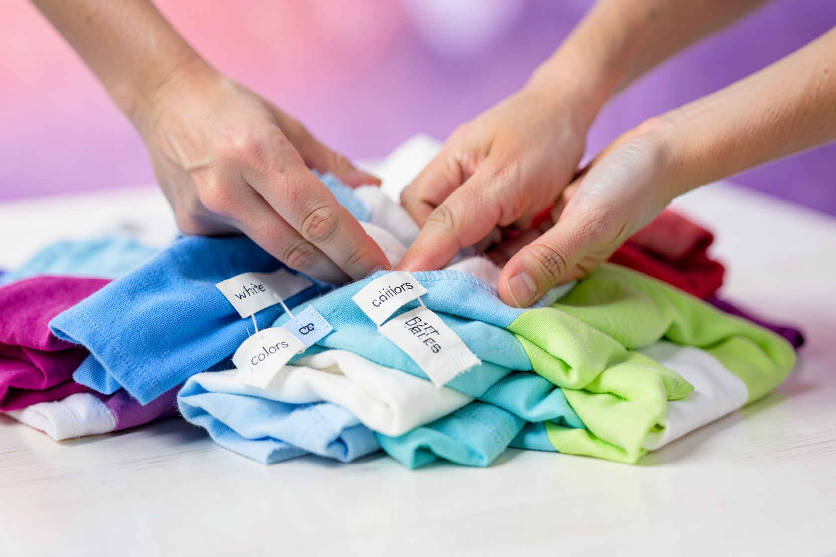 Close-up of hands sorting laundry into separate piles by color and fabric on a wooden floor, labeled cloth tags 'white', 'colors', 'delicates', soft natural light