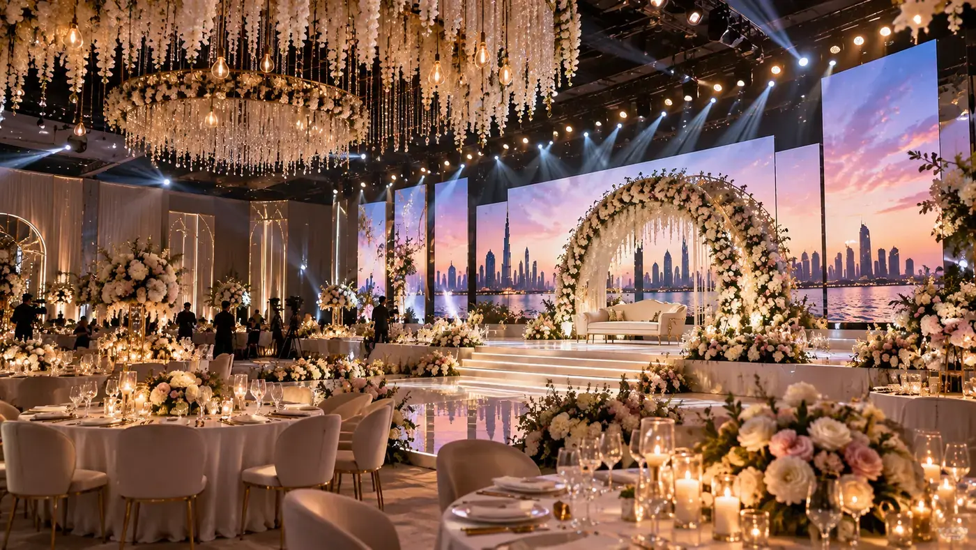 Ballroom set for a premium private event with floral stage arch, LED panels and lit dining tables