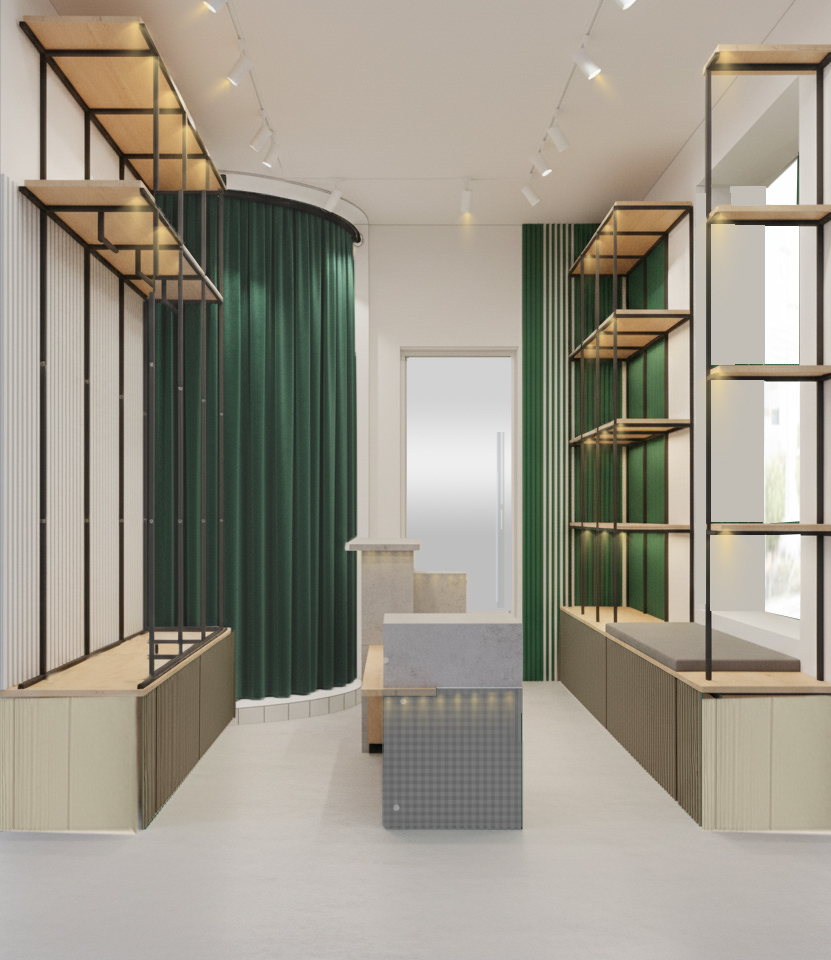 View from the sales floor towards the fitting room