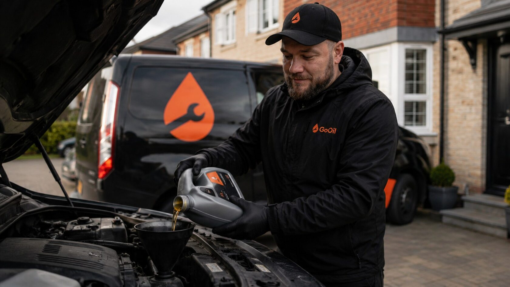 Mobile mechanic pouring engine oil during an oil change at home in Limerick