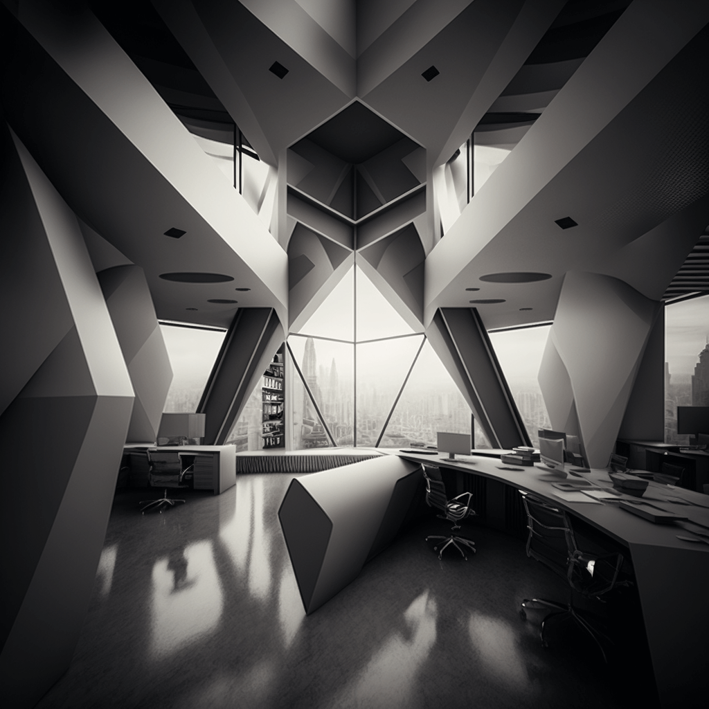 A beautiful, high-resolution image of a sleek, futuristic office space, created with KeyShot
