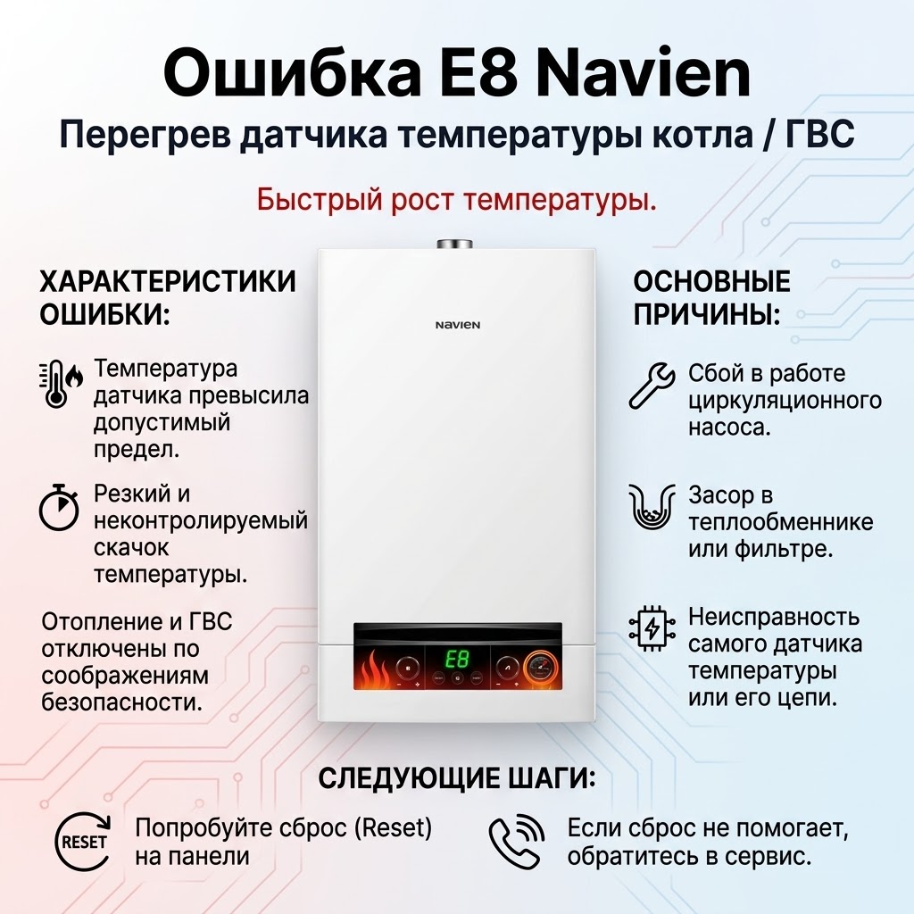 Ошибка Е8 Navien NGB 210 NGB 150. Перегрев датчика температуры котла / ГВС. Быстрый рост температуры.