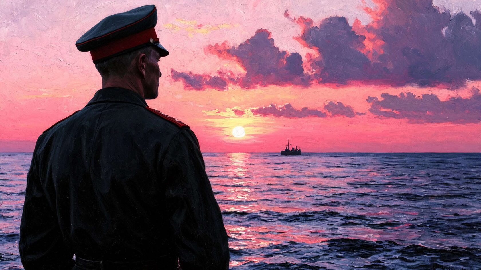 Советский моряк смотрит вдаль на розово-фиолетовый закат