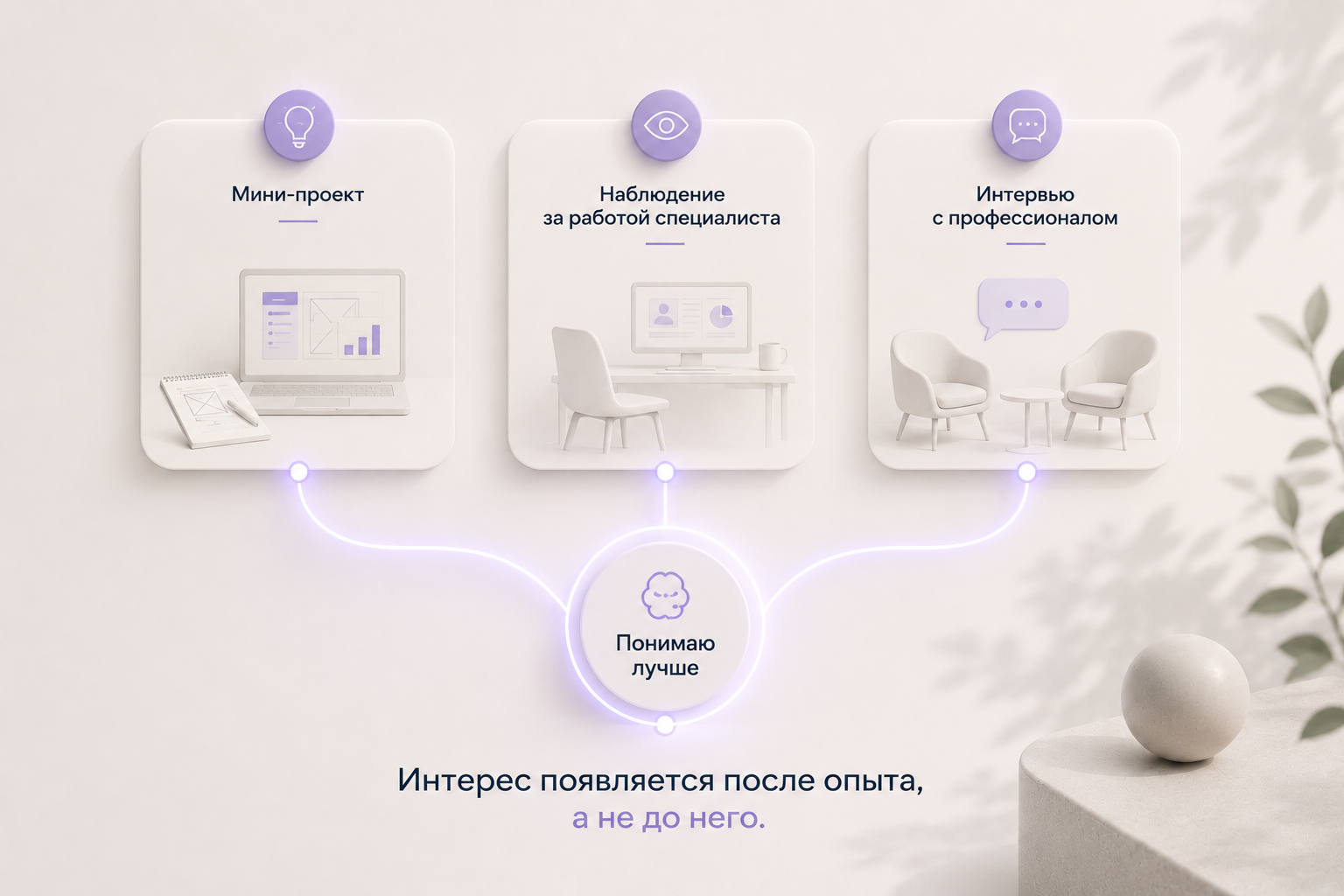 Минималистичный визуал в стиле Brainius: три светлые карточки показывают способы познакомиться с профессией — мини-проект, наблюдение за работой специалиста и интервью с профессионалом. Все три соединены мягкими светящимися линиями с центральным кругом «Понимаю лучше», символизирующим осознанный выбор через практический опыт. Внизу размещён крупный тезис: «Интерес появляется после опыта, а не до него». Светлый фон, натуральные материалы и мягкие лавандовые акценты создают спокойную, современную атмосферу.
