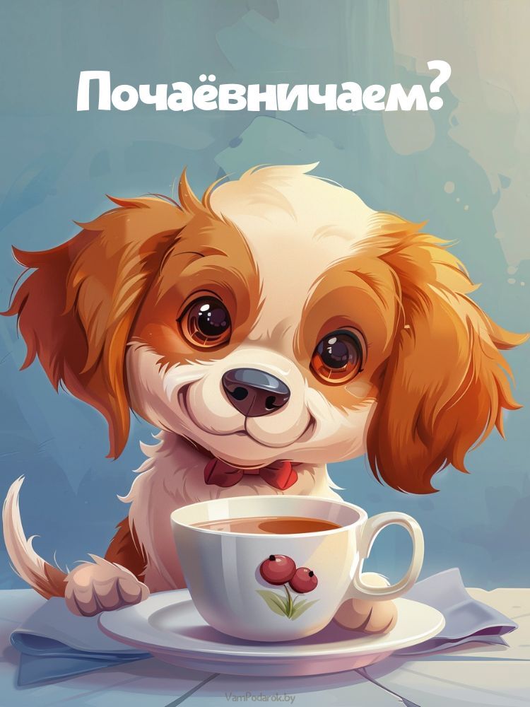 Открытка - милая собачка с кружкой чая