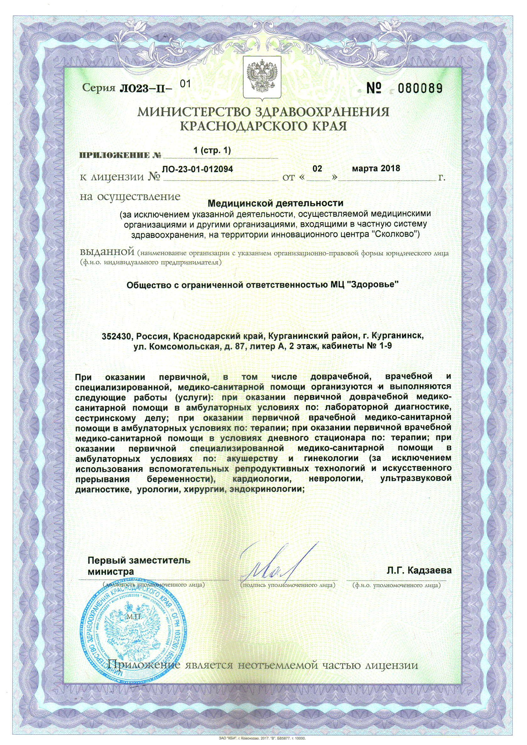 Лицензии клиники «Здоровье» г. Курганинск