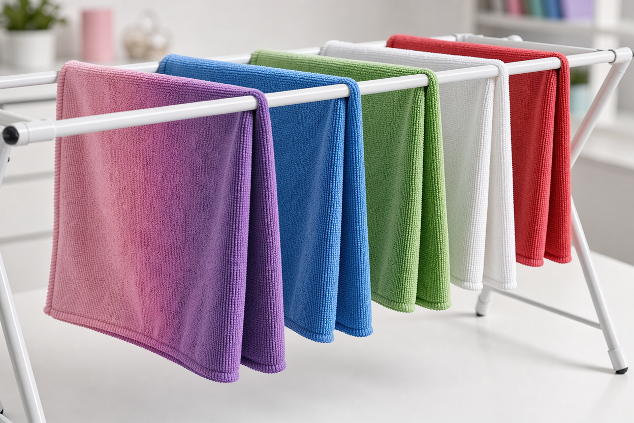 Microfiber cloths hung to air-dry on a drying rack indoors away from radiators, close-up on fabric texture and even drying, no brand names