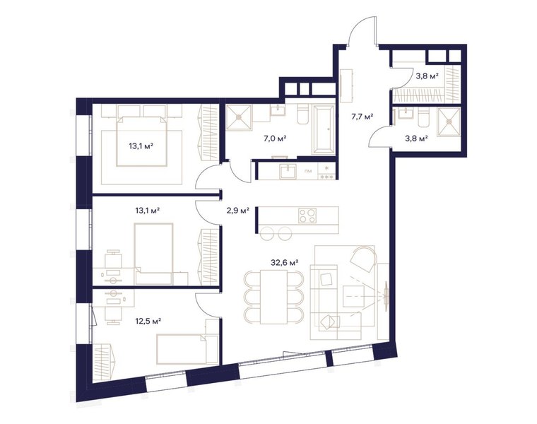 Планировка 3-комнатной квартиры 97 м² в ЖК «СОЮЗ»: дом 1, 4-й этаж