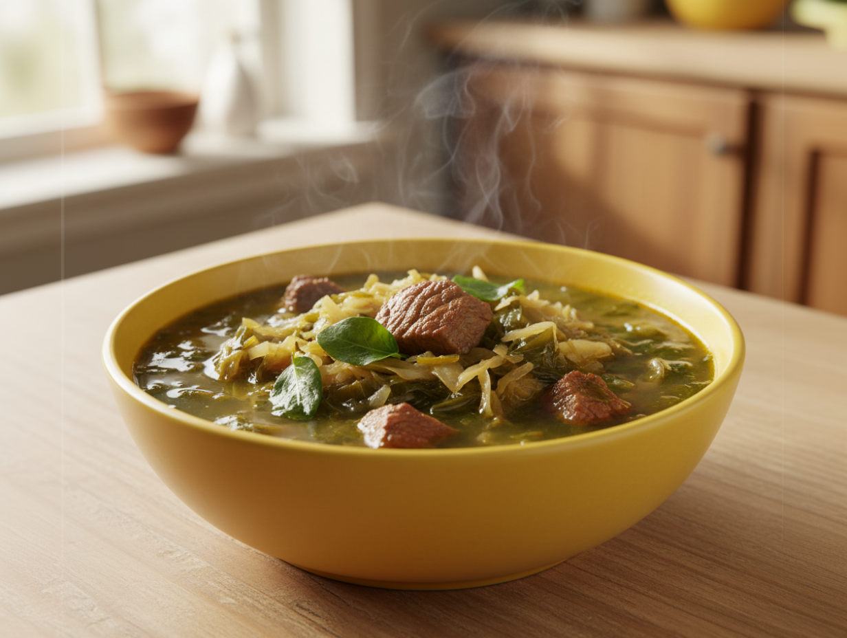 Тарелка зелёных щей с кусочками говядины, картофелем и зеленью, со сметаной.