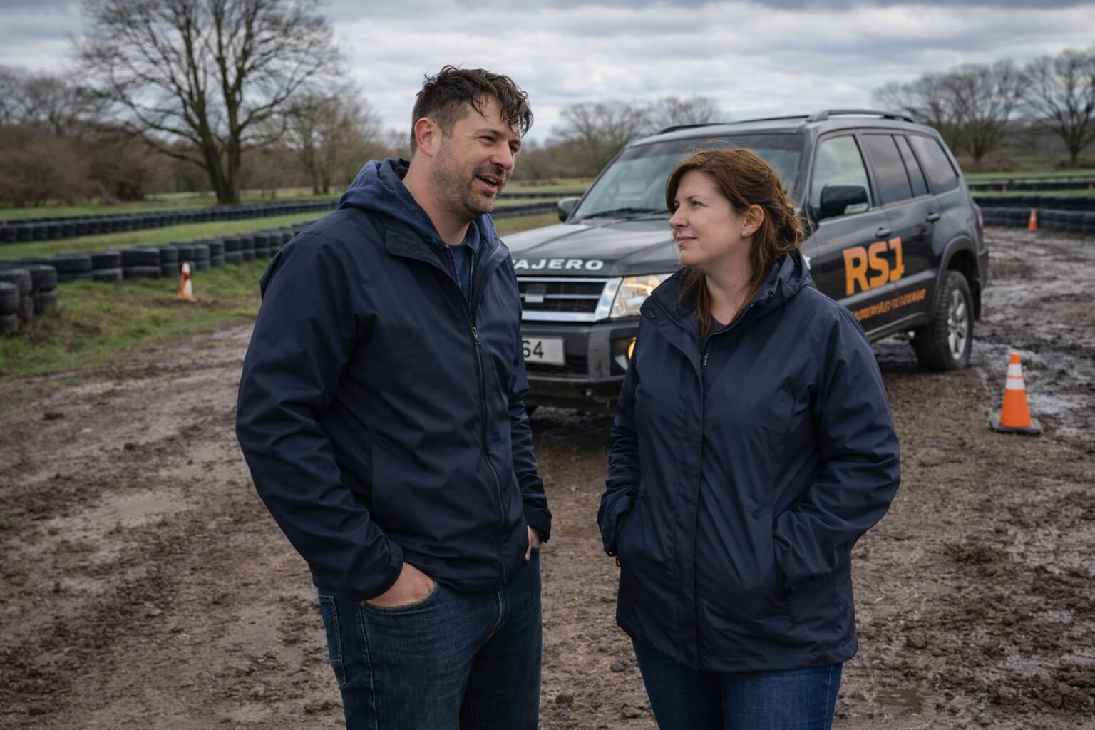 Two adults standing beside a reverse steer jeep on an Irish track, relaxed and curious before trying the activity