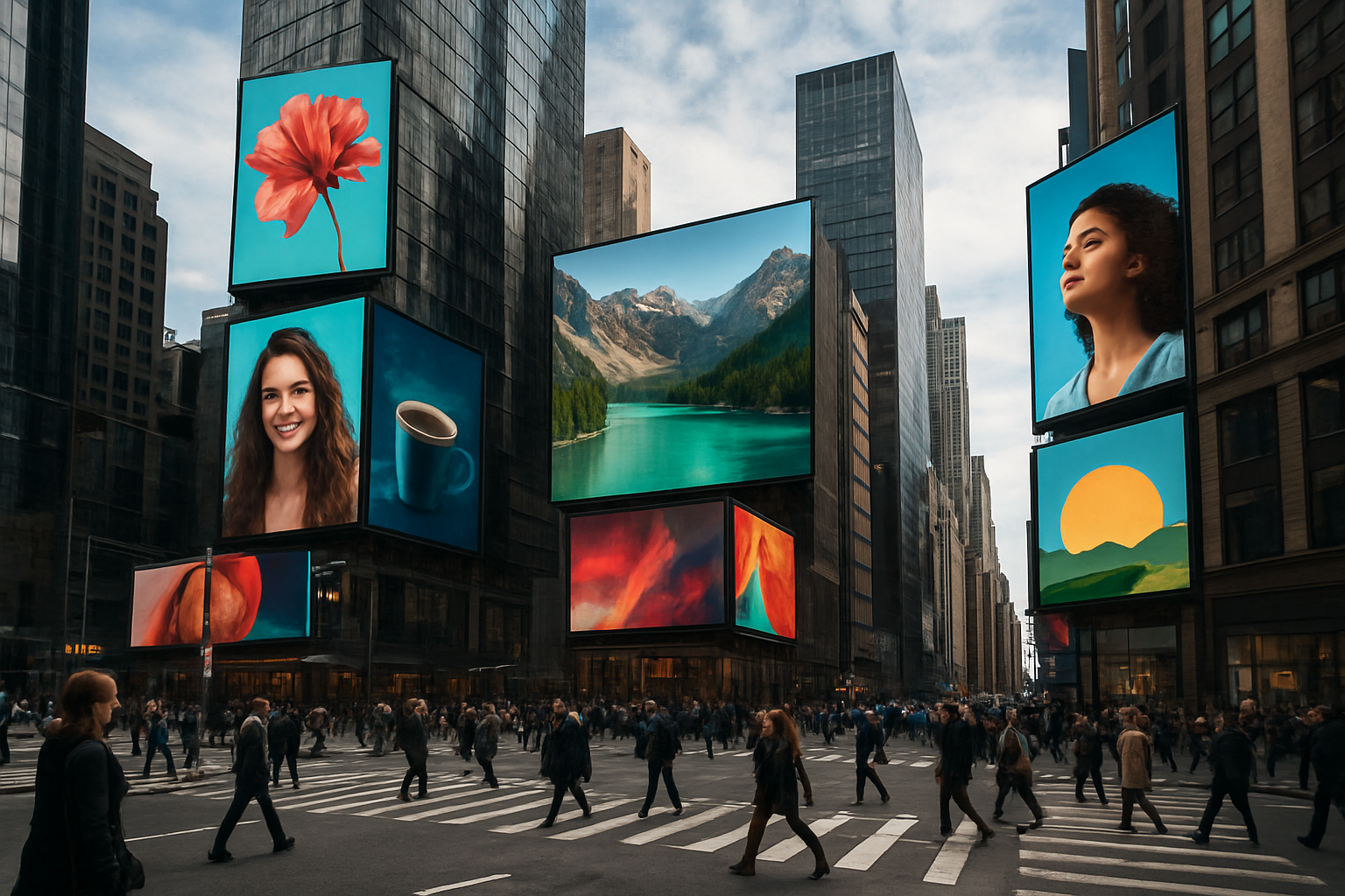 Современный городской пейзаж с большими LED-экранами на зданиях, транслирующими красочные изображения и рекламные ролики без текста, среди которых люди переходят оживлённый перекрёсток
