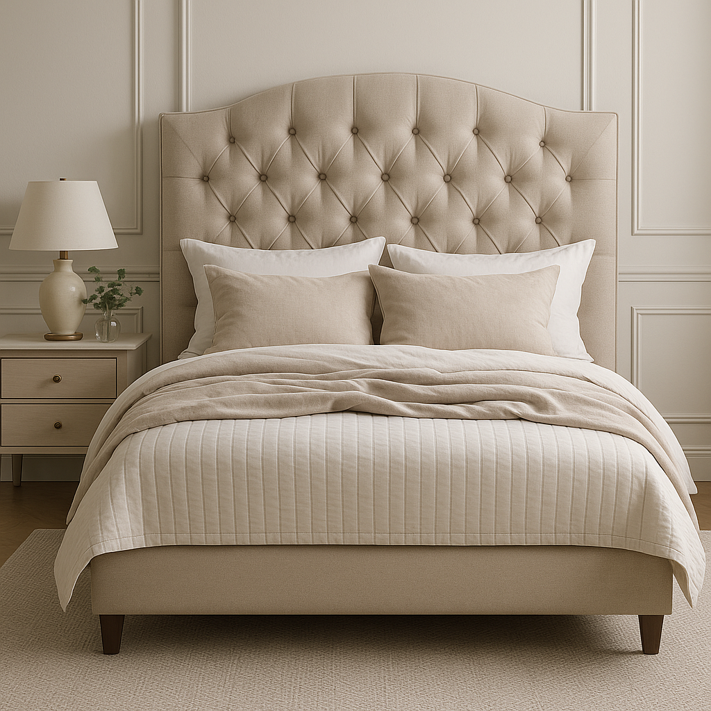 Стильная кровать с мягким бежевым изголовьем в классическом интерьере спальни, украшенная подушками и покрывалом в нейтральных тонах.