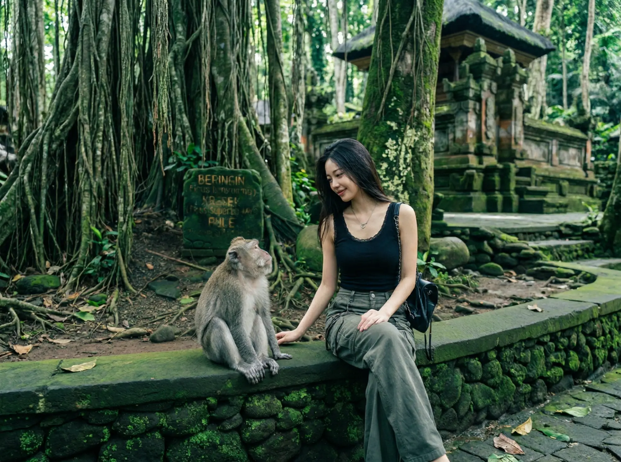 A female visitor sitting peacefully on a mossy stone wall, sharing a calm and safe moment with a long-tailed macaque at Monkey Forest Ubud.