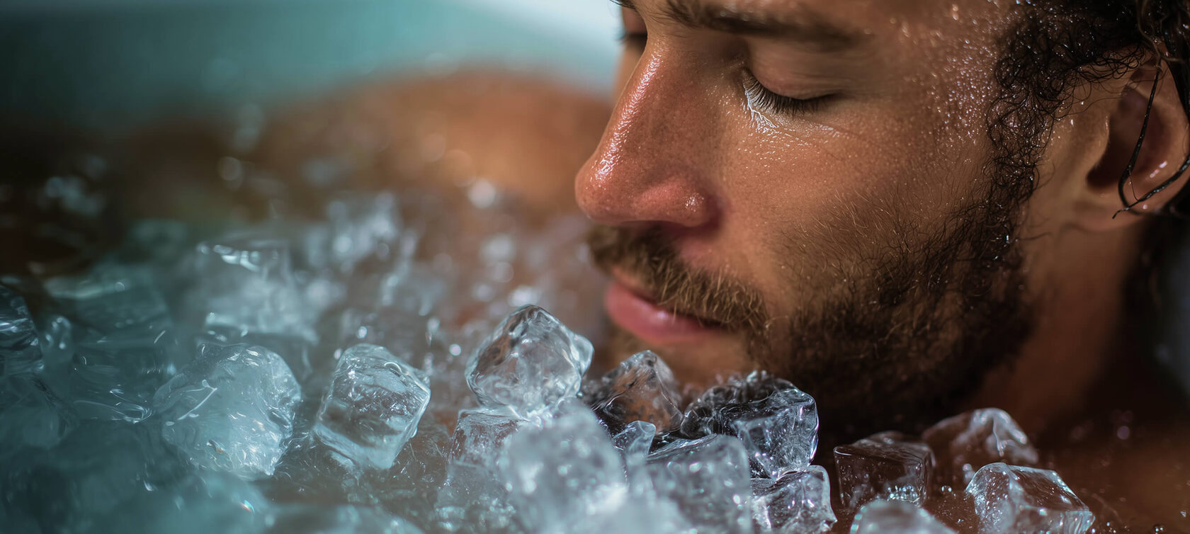 Extreme close-up of a sweaty, bearded man with his eyes closed, submerged up to his chin in a premium cold plunge ice bath by Arctic Bear Wellness filled with fresh crystal-clear ice cubes, showcasing deep breathing, mental focus, biohacking, and athletic cold therapy recovery.