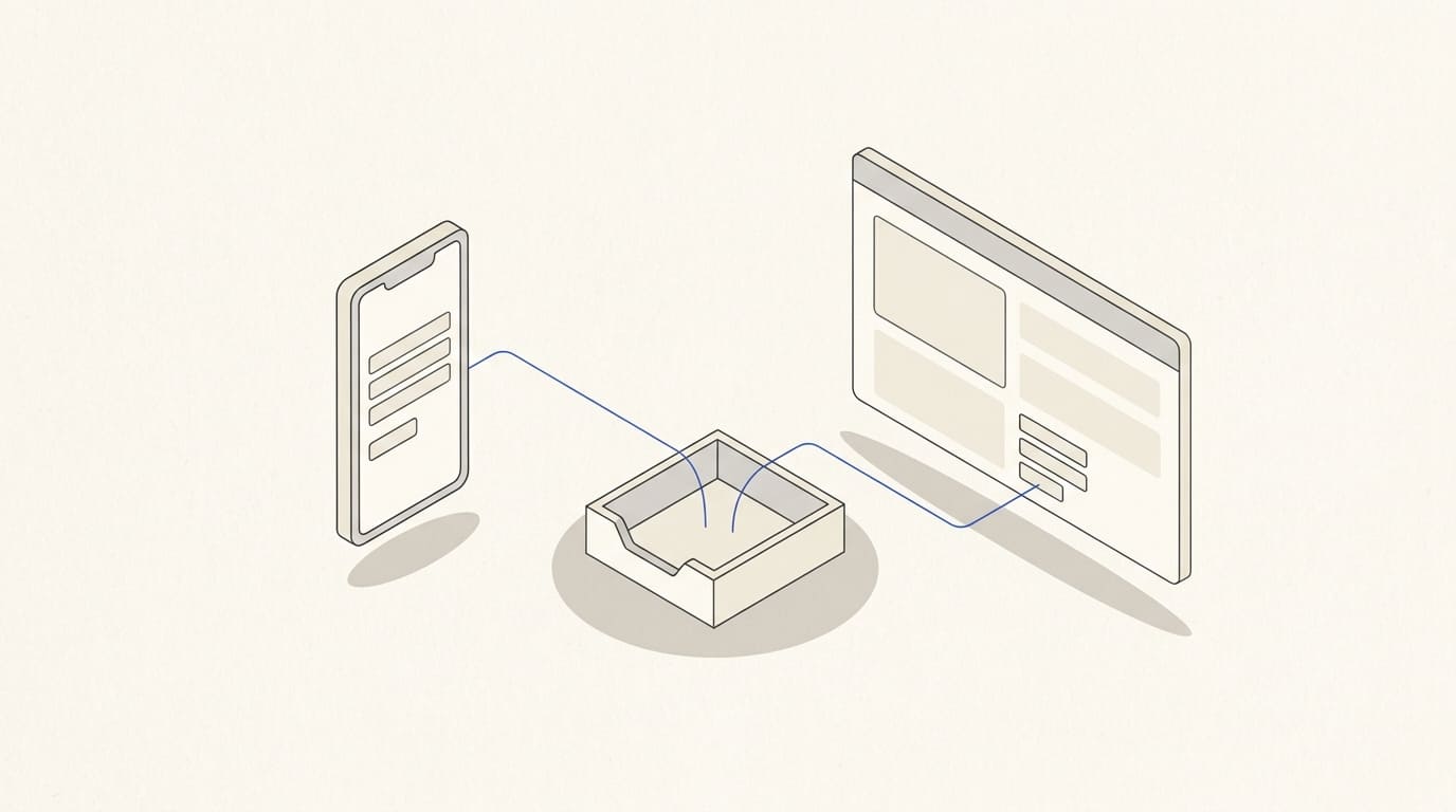A short smartphone form and a landing page with a form connected to a shared enquiry tray.