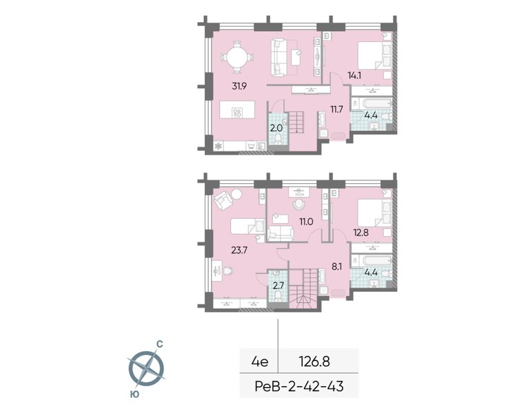 Планировка 4-комнатной евроквартиры 126,8 м² в доме «СПАРК» (ЗИЛАРТ): дом 21, 42-й этаж