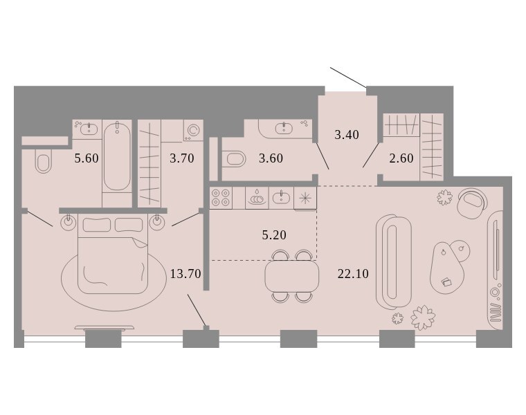 Планировка: квартира с 1 спальней 59,9 м² в ЖК «Тессинский, V», дом Nox, 2-й этаж