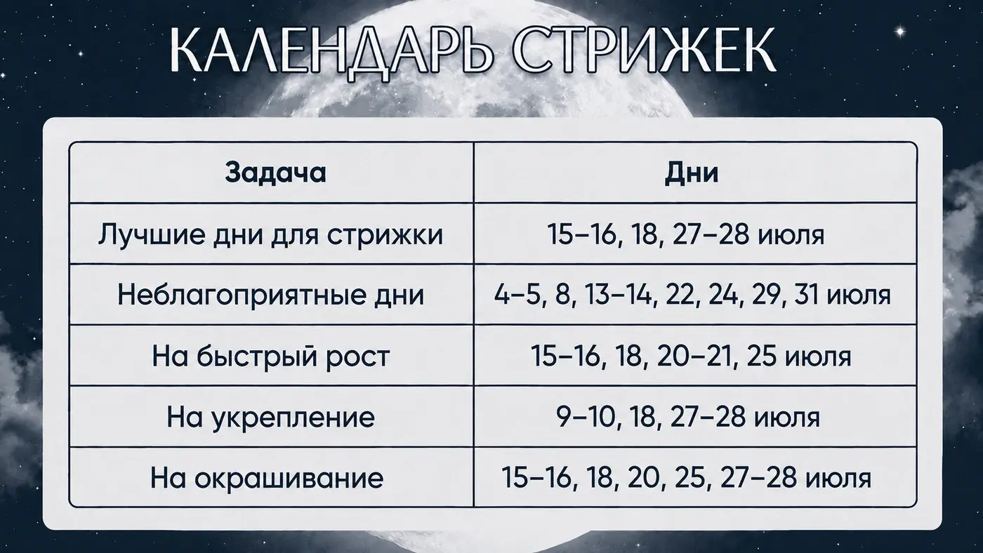 Календарь стрижек на июль 2026 года с лучшими и неблагоприятными днями по лунному календарю