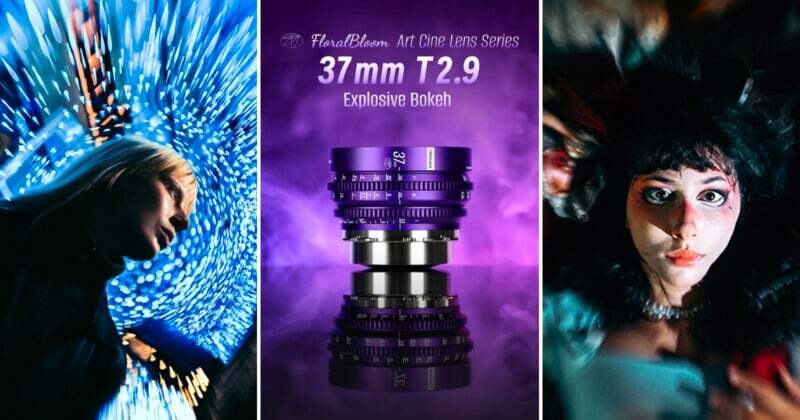 A promotional image for a 37mm T2.9 cine lens shows a lens in the center with “Explosive Bokeh” text. The left has a woman with lights in motion, and the right has a woman with bokeh lights in the background.