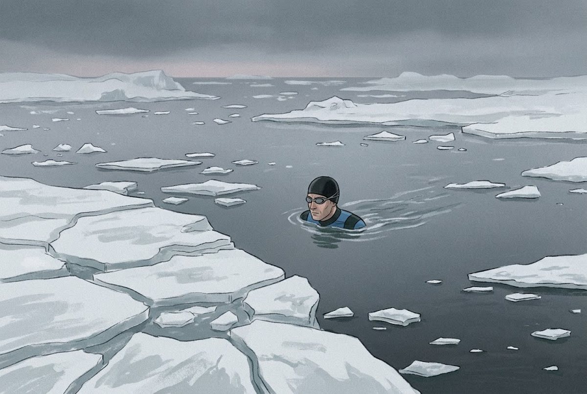 Пловец в ледяной воде среди льдин