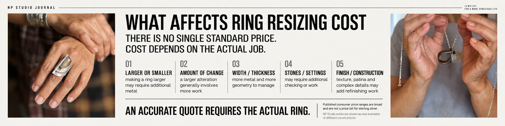What affects ring resizing cost: direction of change, amount of change, width and thickness, stones and settings, finish and construction