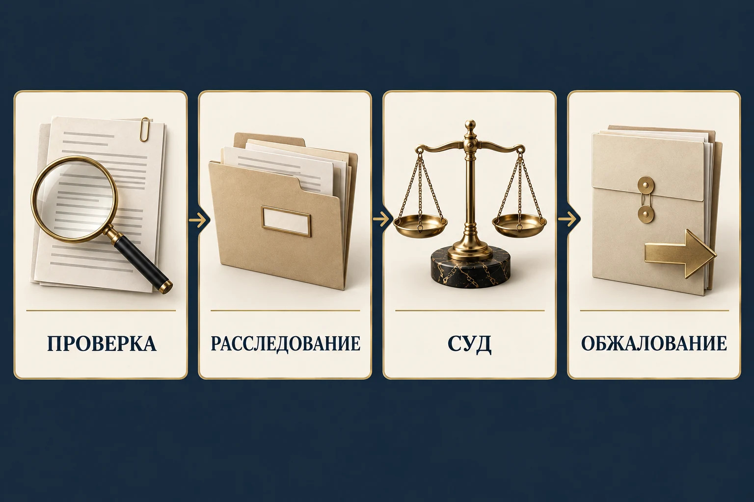 Концептуальная схема четырёх стадий защиты: проверка сообщения, расследование, суд и обжалование