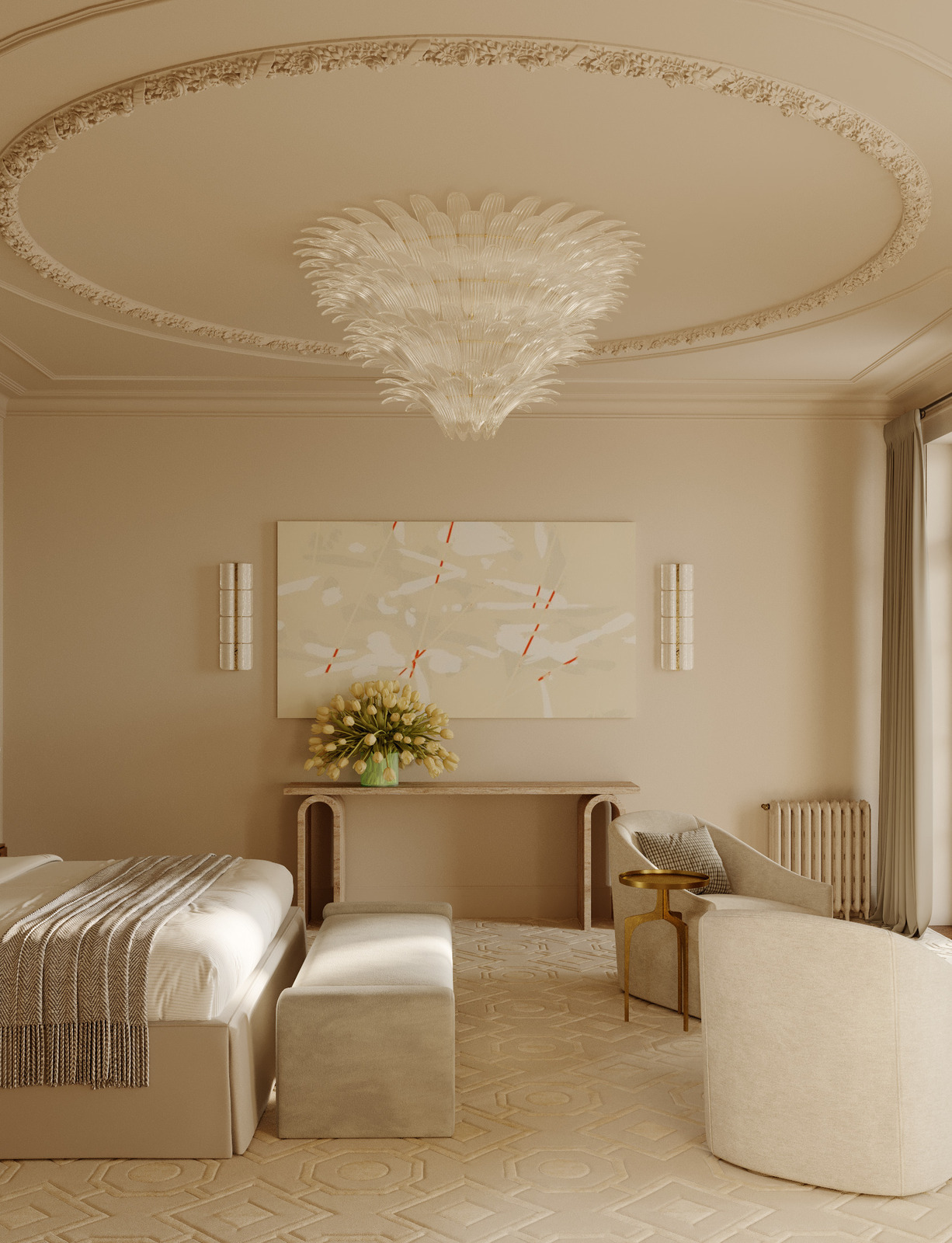 Светильник Barovier&amp;Toso, гипсовая лепнина в интерьере спальни загородного дома дизайнера Екатерины Фёдоровой